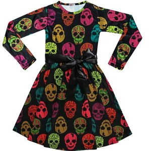 Filles Patineur Long Manches Multi Couleur Crânes Imprimer Halloween Fête Robes - Picture 1 of 2