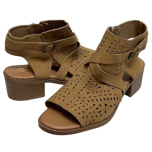 Justice Shoes Girls Boots Ankle Booties Sz 8 Brown Tan Faux Suede Open Toe Kids - Picture 1 of 12