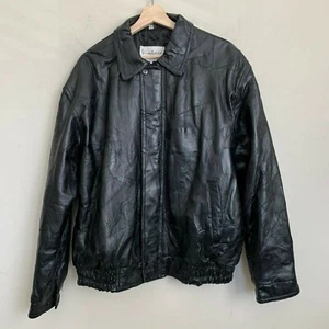 Unbranded Vintage Bomber Jacket Black Leather Patchwork Zip Pockets Lined Size L - Picture 1 of 12