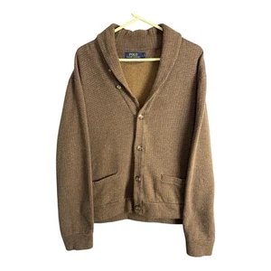 POLO RALPH LAUREN Mens Button Down Shawl Collar Sweater Brown Waffle Knit Large - Picture 1 of 10