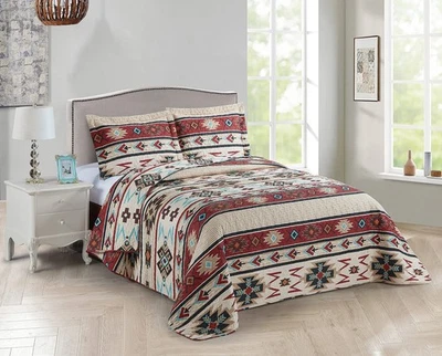 Rustic Striped Southwestern Quilt Stitched Western Bedspread Bedding Set with - Image 1 of 4