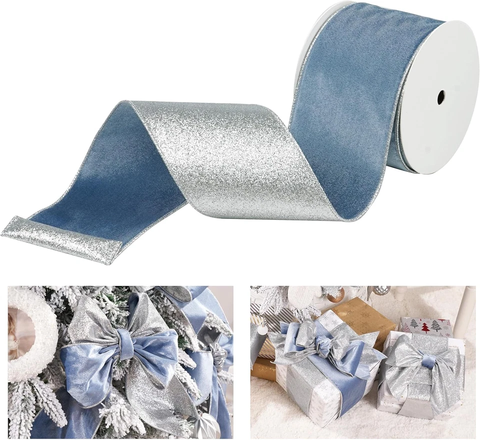 Cinta con cable de terciopelo azul polvoriento con brillo posterior 4 pulgadas azul y plata Navidad Foto 1 de 4