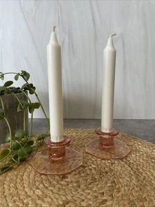 VTG Set Of 2 Light Pink Octagon Base Glass Tapered Candle Holders 3.5” - Picture 1 of 7