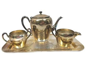 Vintage Academy Silver On Copper 4 Pc Tea Serving Set Teapot Tray Open Sgr/Cream - Picture 1 of 23