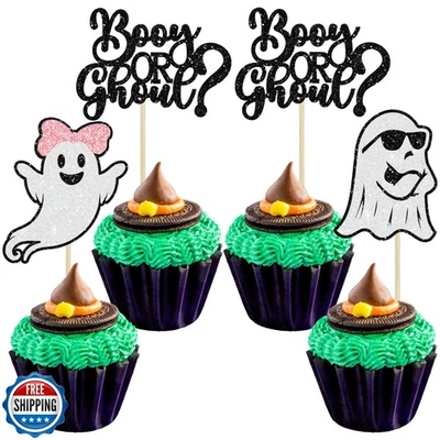 Gyufise 24Pcs Boo-y or Ghoul Cupcake Toppers Glitter Halloween Ghost Cupcake  - Image 1 of 4