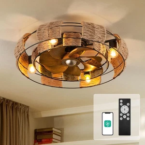 22" Caged Low Profile Ceiling Fan With Light Remote and App Control - Flush M... - Picture 1 of 8