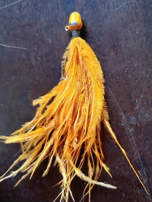 OLD! Real Feather Fishing Lure Jig Orange  Heddon Creek Chub Shakespeare UNUSUAL - Image 1 of 4