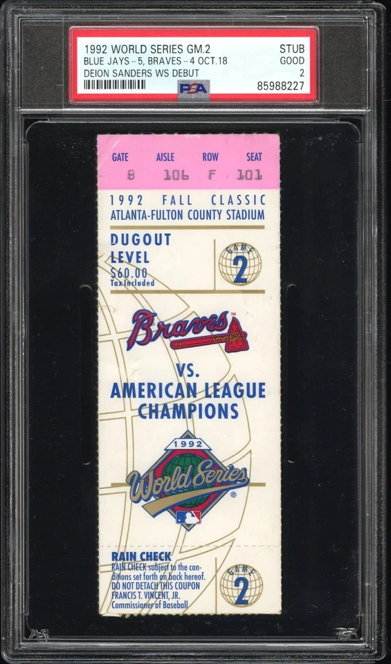 10/18/92 1992 World Series Game 2 MLB Ticket Stub PSA Deion Sanders WS Debut HOF - Image 1 of 2