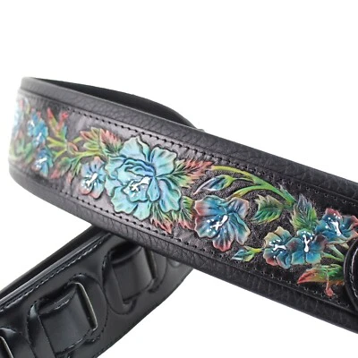 Walker & Williams KB-11 Gloss Black Strap w/Carved Blue Roses On Grain Leather - Image 1 of 4