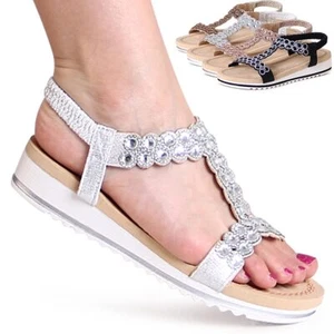 Damenschuhe Riemchen Sandalen Glitzer Keilabsatz Sandaletten Plateau - Bild 1 von 10