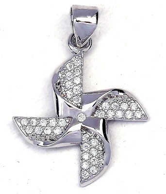 Довольно новый Серебряный белое золото покрытием прозрачный белый CZ Pinwheel подвеска ожерелье - Изображение 1 из 3