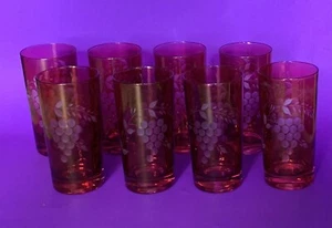 Juego de cócteles MCM de vidrio de uva y hoja grabados Highball vintage 8, rojo - Imagen 1 de 2