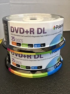 New Polaroid DVD+R Dual Layer 50 Discs 1-8x 8.5GB 240 Min Spindle 2x25 Spindles - Picture 1 of 5