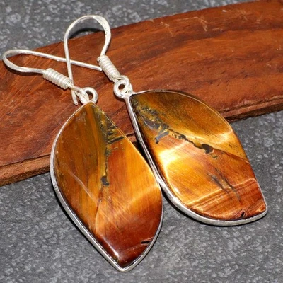 Stunning Tiger Eye 925 Silver Plated Handmade Earrings 2" Modern Gifts GW - Image 1 of 3