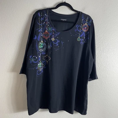 Camisa Catherines Mujer 1X Negra Navidad Adornos Lentejuelas Manga 3/4 Túnica Foto 1 de 4