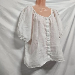 J. Rundhalsausschnitt V-Ausschnitt Puffärmel Top Bluse Shirt Damen Größe 18 Weiß Leinen - Bild 1 von 11