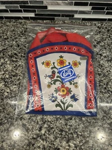 Medio delantal vintage Kolf hecho en Austria, arte popular. Rojo vivo azul con etiquetas - Imagen 1 de 4