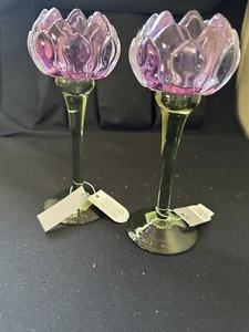 Surrey & Selena Pair or 8" Purple/ green Tulip Tealight Candle Holders New - Picture 1 of 2