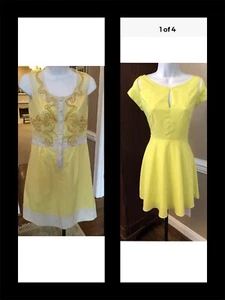 Lot of 2 Leshop Pink Owl Dress in Yellow Beige Size S Net Detail At Bodice - Picture 1 of 9