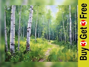 Enchanting Birch Forest Path Watercolor Print - Tranquil Woodland Artwork  5"x7" - Picture 1 of 6