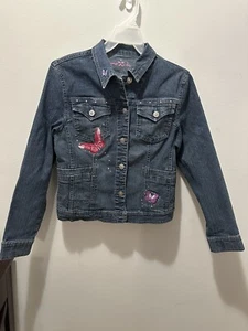Y2K  ARIZONA Denim Jean Jacket with Embroidered Butterflies Girls Size X-Large - Picture 1 of 6