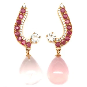 925 Sterling Silver Pink Rose Quartz, Topaz, Ruby & Cubic Zirconia Earrings - Picture 1 of 4