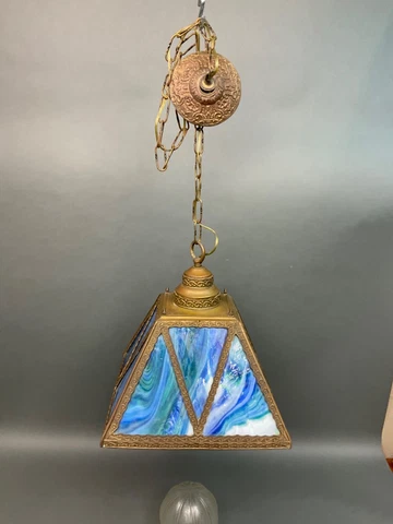Old Antique Bronze Arts & Crafts Mission Blue Slag Glass Hanging  Lamp Parlor Cover