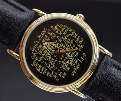 Винтажные часы Lord's Prayer Mathew 6:9-13 золотистый цвет кожа НОВЫЙ АККУМУЛЯТОР И РЕМЕШОК - Изображение 1 из 4