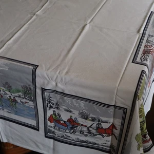 Vtg Currier & Kitchen Print Rect Tablecloth Winter Village Sleigh Rides 54x64" - Picture 1 of 12