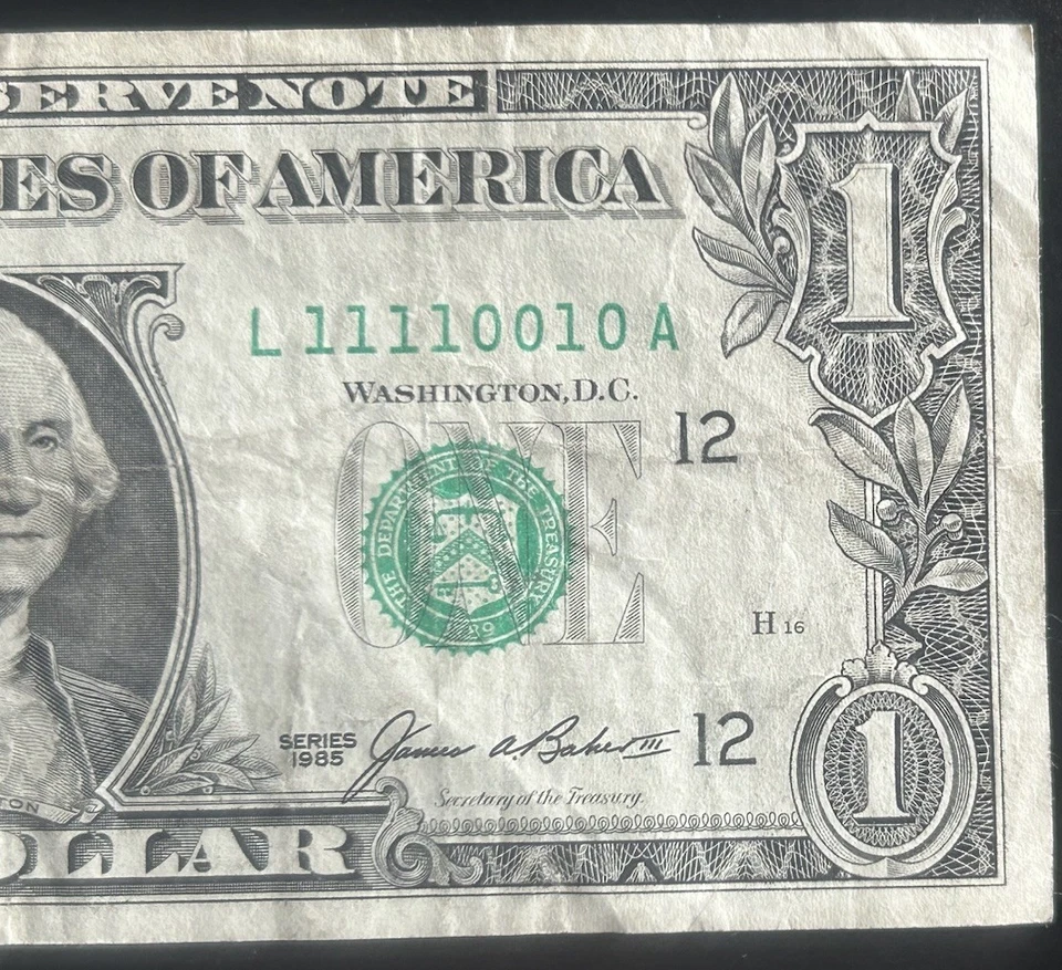(TRUE BINARY!) $1 Rare True Binary Fancy Serial Number L11110010A Series 1985 - Image 1 of 3
