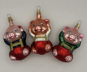 Set Of Three Little Pigs Blown Glass Glitter Ornaments Czech Republic 4”Hx2”W ea - Picture 1 of 8
