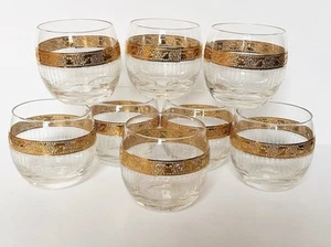 RARE Culver Tyrol 22K Gold Roly Poly Glasses Set 8 Mid-Century Whiskey Tumblers - Picture 1 of 15