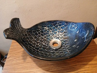 Lavabo de vidrio templado Blue Pacific Whale ~ textura náutica Foto 1 de 4