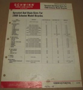 1980 Schwinn Service Clinic Bulletin #95 Sprocket & Chain Sizes for 1980 Models - Picture 1 of 4