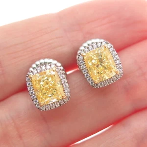 925 Sterling Silver Radiant-Cut Canary & Round-Cut White C Z Earrings - Picture 1 of 7