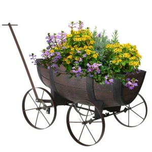 Garden Half Barrel Flower Planter Pot Wheels Wooden Antique Oak Effect Outdoor - Picture 1 of 7