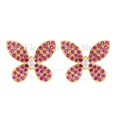 Quaint Ruby Butterfly Stud Earrings 14K Yellow Gold Handmade Fine Jewelry Gift - Image 1 of 4