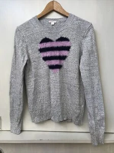 Crewcuts Girls Sweater Size 16 Gray Cotton Fuzzy Pink Purple Heart - Picture 1 of 3