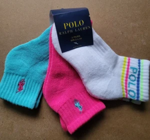 Polo Ralph Lauren Girls 3 Pairs Pony Logo Cotton Crew Socks Size 4-6X Shoe 10-13 - Picture 1 of 4