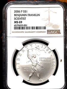 2006 $1 BENJAMIN FRANKLIN SCIENTIST NGC MS69 US MINT ISSUE SILVER COMMEMORATIVE - Picture 1 of 4
