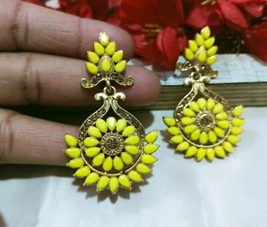 Gold Plated CZ Yellow Earrings Stone Studded Party Wear Valentines Day Jewelry - Picture 1 of 5