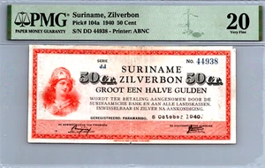 Suriname 50 Cents RARE (October 5th 1940) Pick-104a PMG 20 CF (1st Printing) - Picture 1 of 18