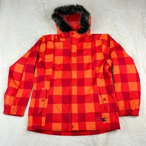 REI Girls Hooded Ski Jacket Orange Plaid Size Large (14-16) - Picture 1 of 14