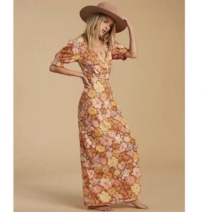 BILLABONG Maxikleid Salzblond Bronze Hello There Blumen Baumwolle Puffärmel L - Bild 1 von 24