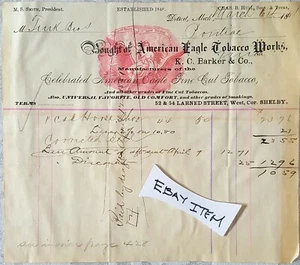 1881 Detroit Michigan Billhead AMERICAN EAGLE TABACCO WORKS C BARKER Smith HuLL - Bild 1 von 1