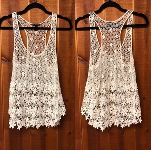 Y2K Baumwolle gehäkelt Blumen Tank Top/Strand Cover Up Elfenbein Bohemian Western - Bild 1 von 5