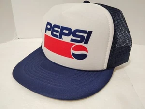 Vtg 1980s PEPSI COLA  Blue White Snapback Trucker Hat Cap Print Mesh EXCELLENT  - Picture 1 of 8