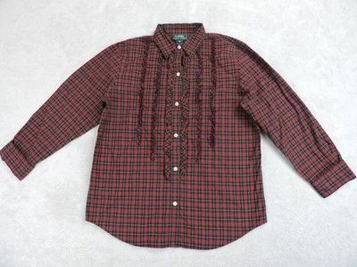 Lauren Ralph Lauren Button Up Shirt Women M Red Plaid Ruffles Casual Long Sleeve - Image 1 of 4