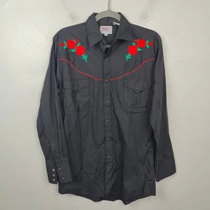 Vintage Ely Cattleman Pearl Snap Button Shirt Mens Small Black Rose Embroidery - Picture 1 of 7