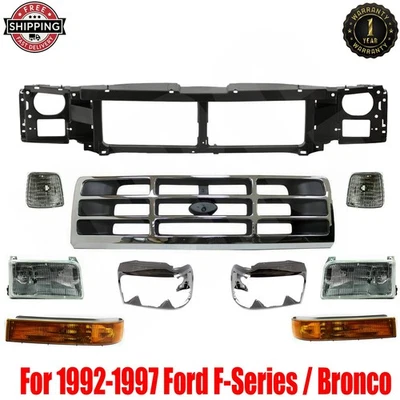 Front Grille + Header Panel + Head Lights Kit For 1992-97 Ford F-Series / Bronco - Image 1 of 4